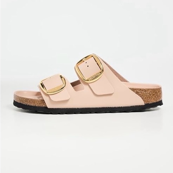 Birkenstock Shoes - Birkenstock Arizona Soft Pink Leather Sandals with Gold Buckles